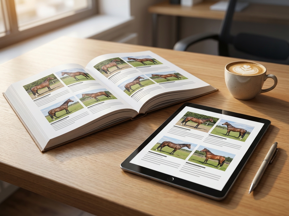 Digital sale catalog showing horse lots with photos and pedigrees