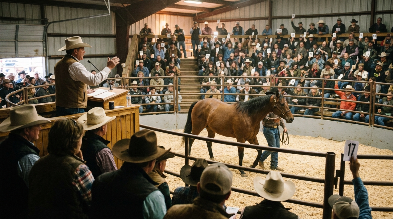 Livestock auction ring with buyers in the stands