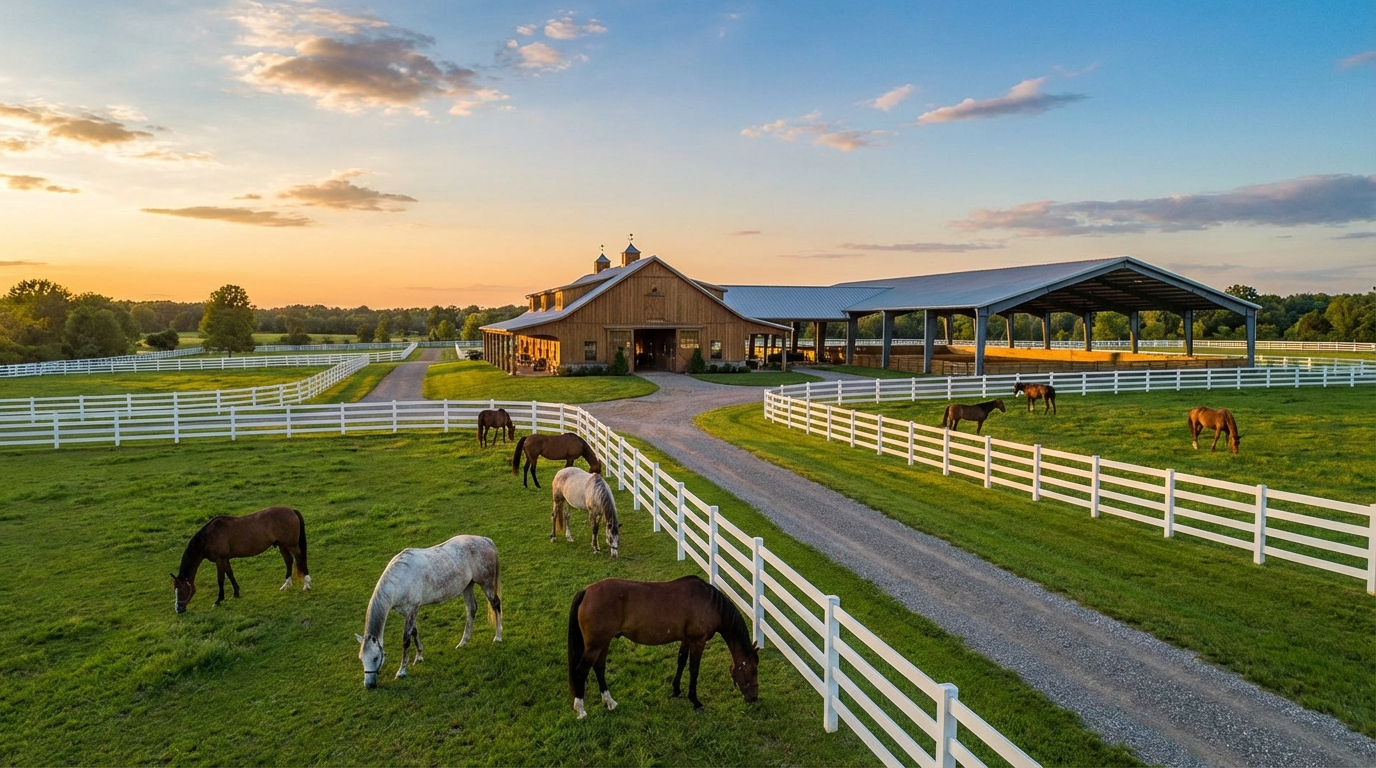 Horse boarding stable with horses in paddocks