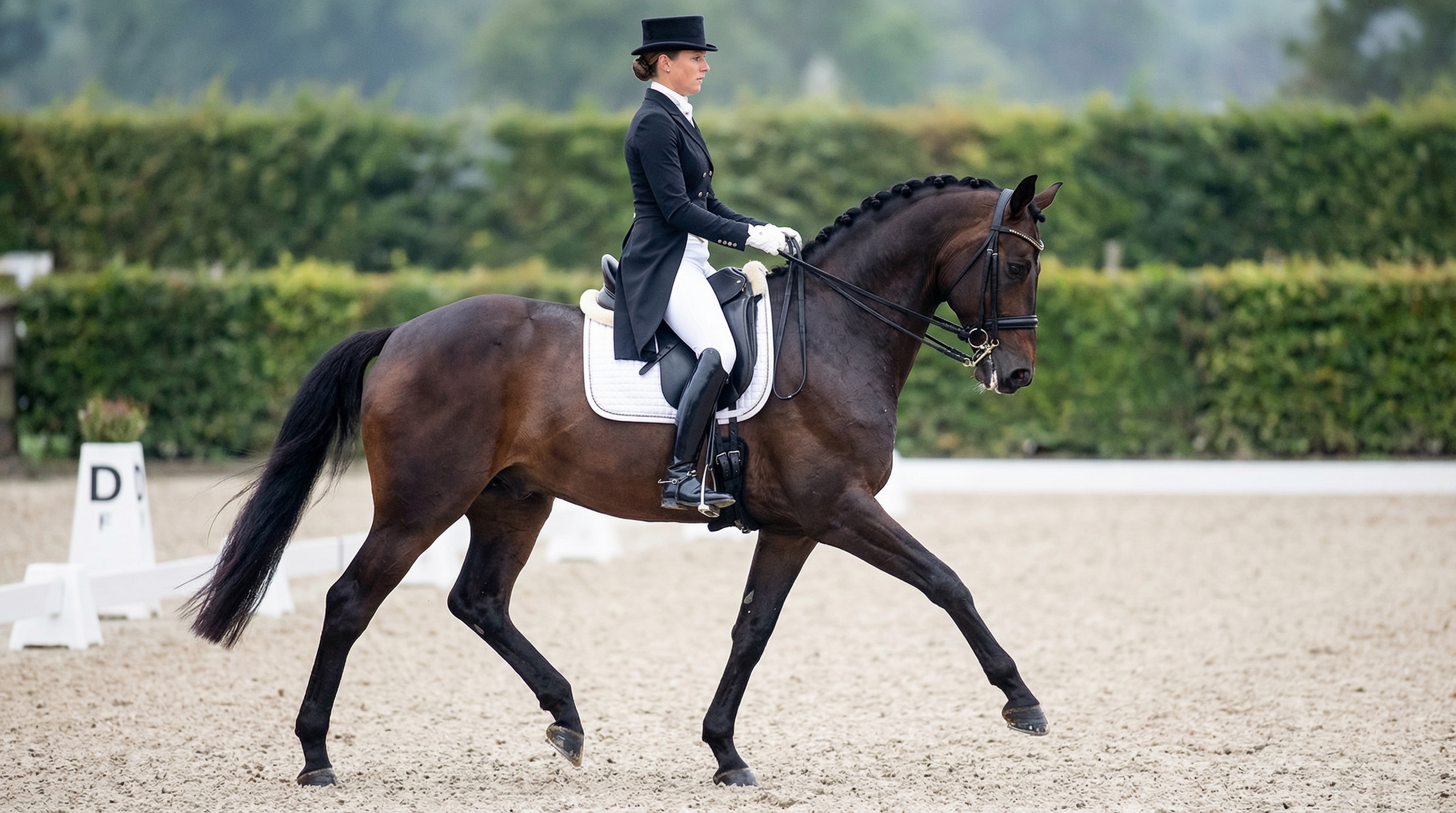 Dressage horse and rider performing a half-pass