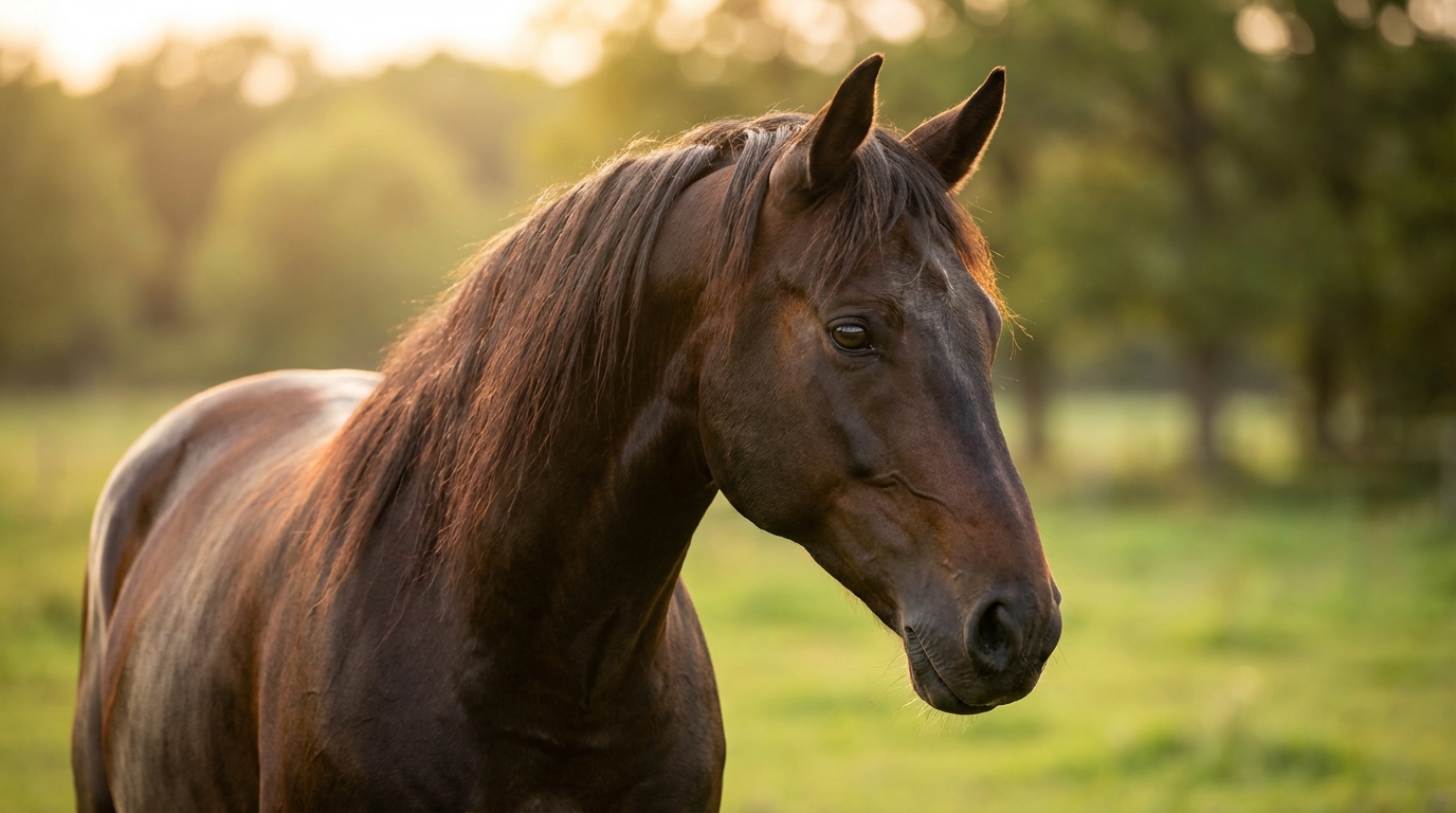 Equine portrait photograph of a horse in golden light