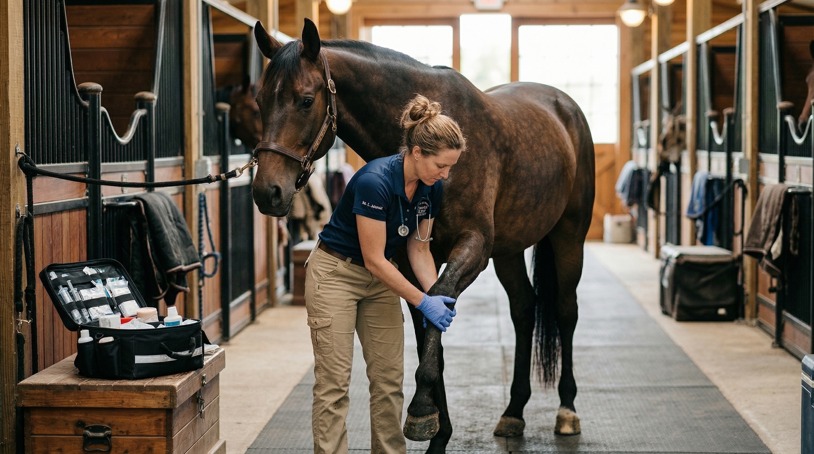 Equine veterinarian examining a horse in a barn