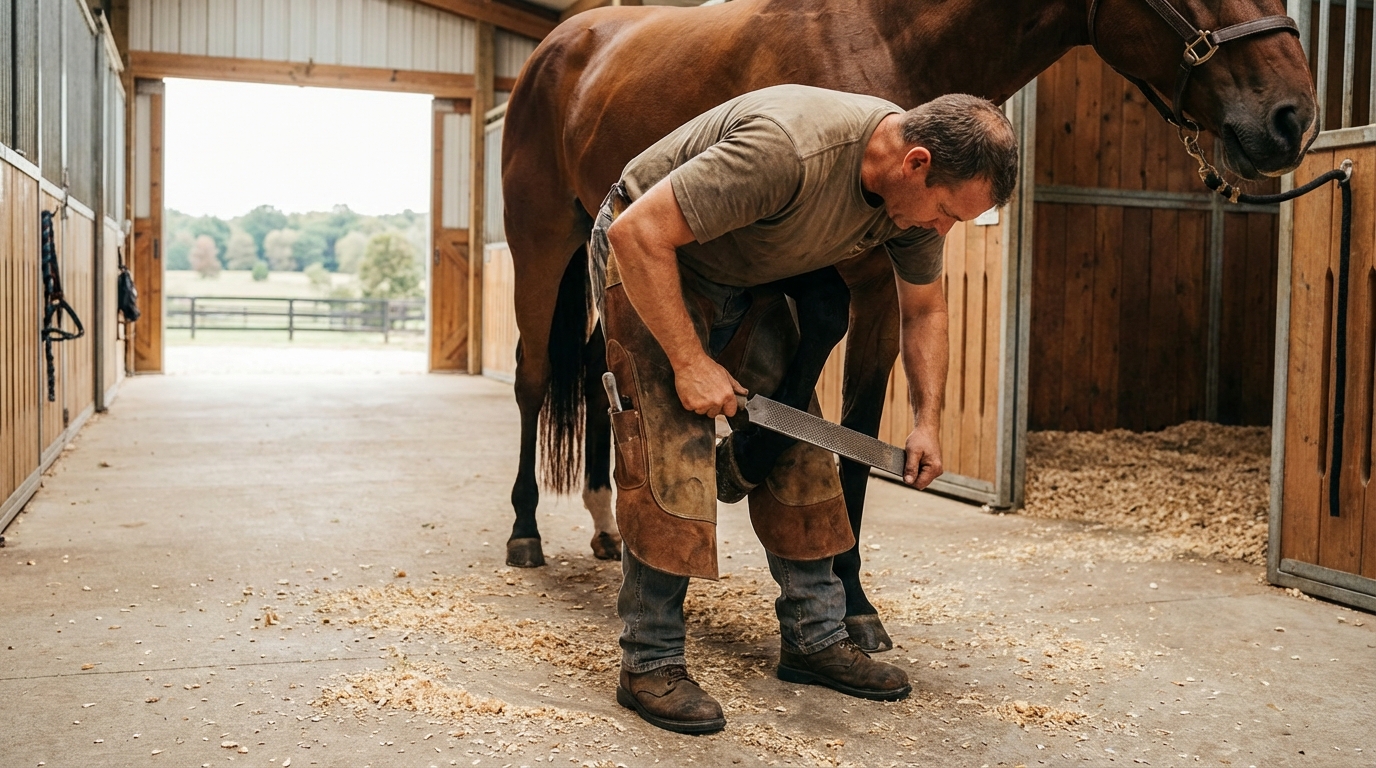 Farrier working on a horse's hoof