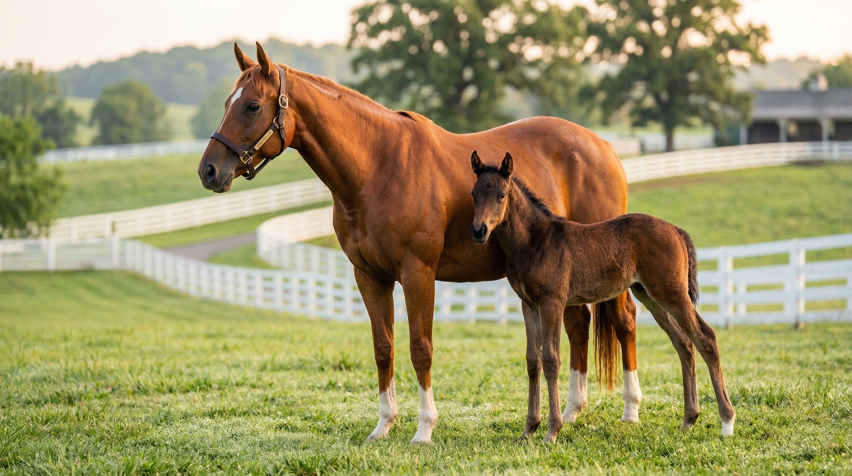Mare and foal in a green pasture