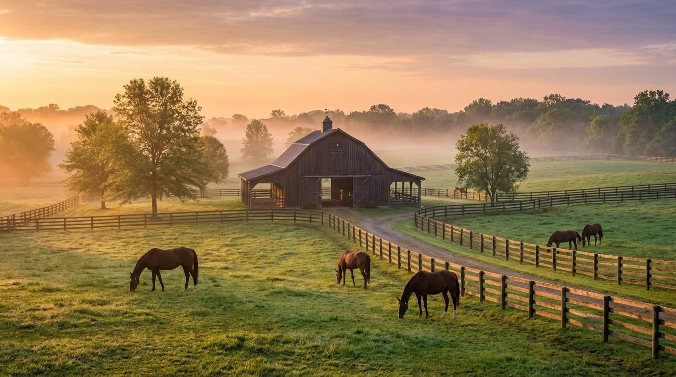 Horse farm with pastures and barn at sunrise