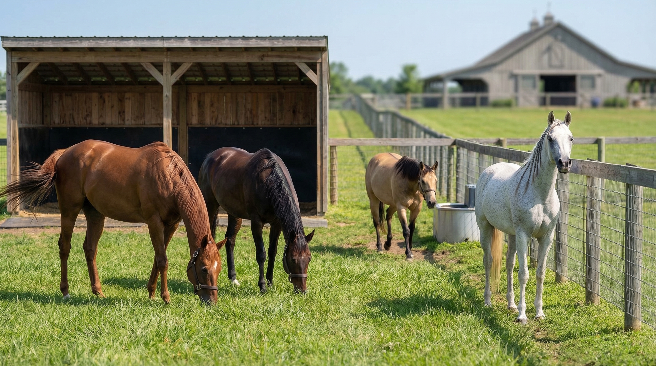 Horses in a well-maintained farm paddock