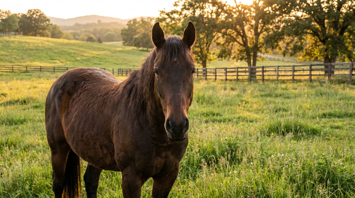 Rescued horse in a green pasture