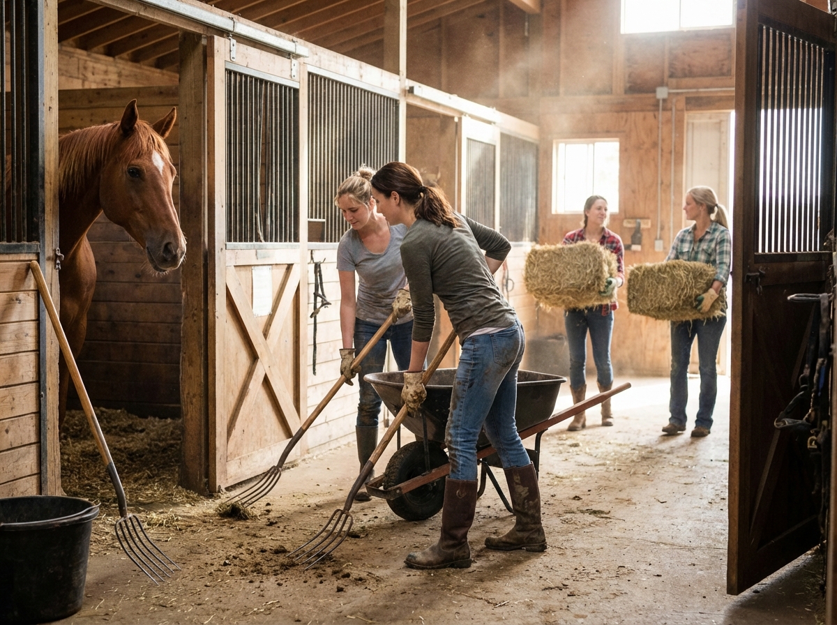 Volunteers working at a horse rescue
