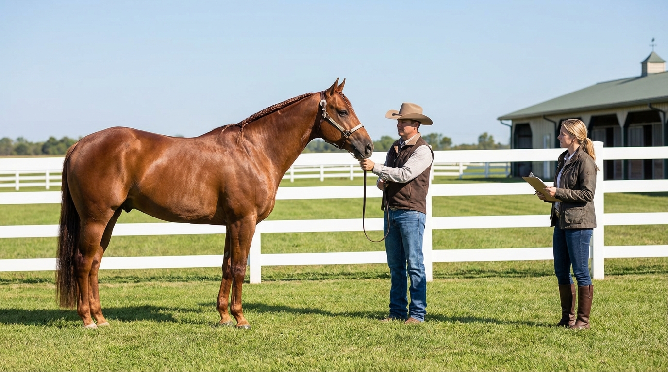 Horse being shown to a potential buyer at a ranch