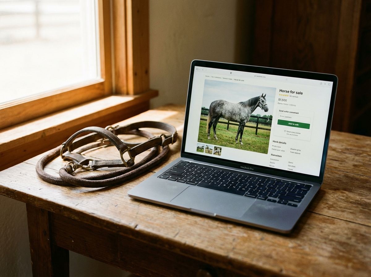 Horse listing page with photos, pedigree, and pricing details