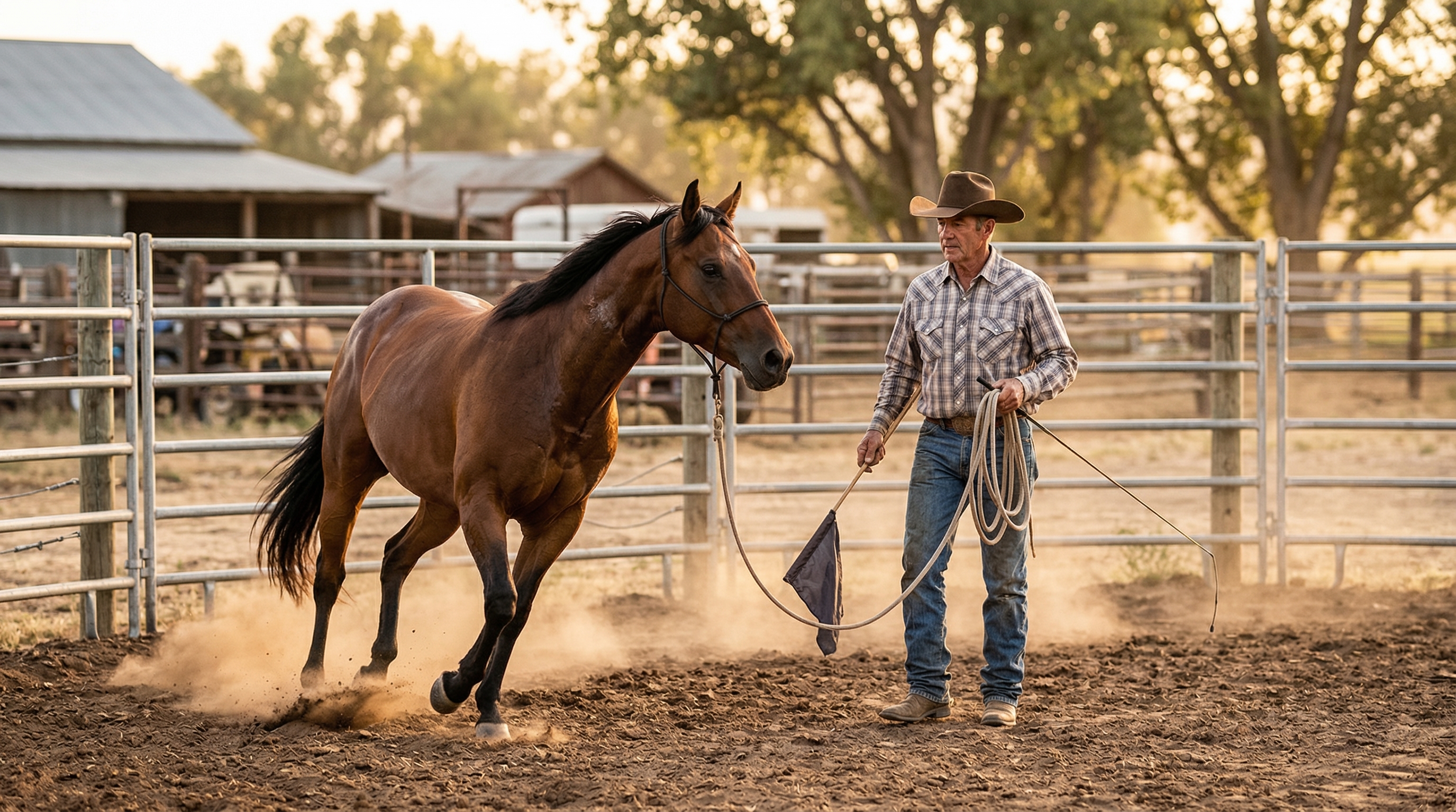 Horse trainer working with a horse in a round pen