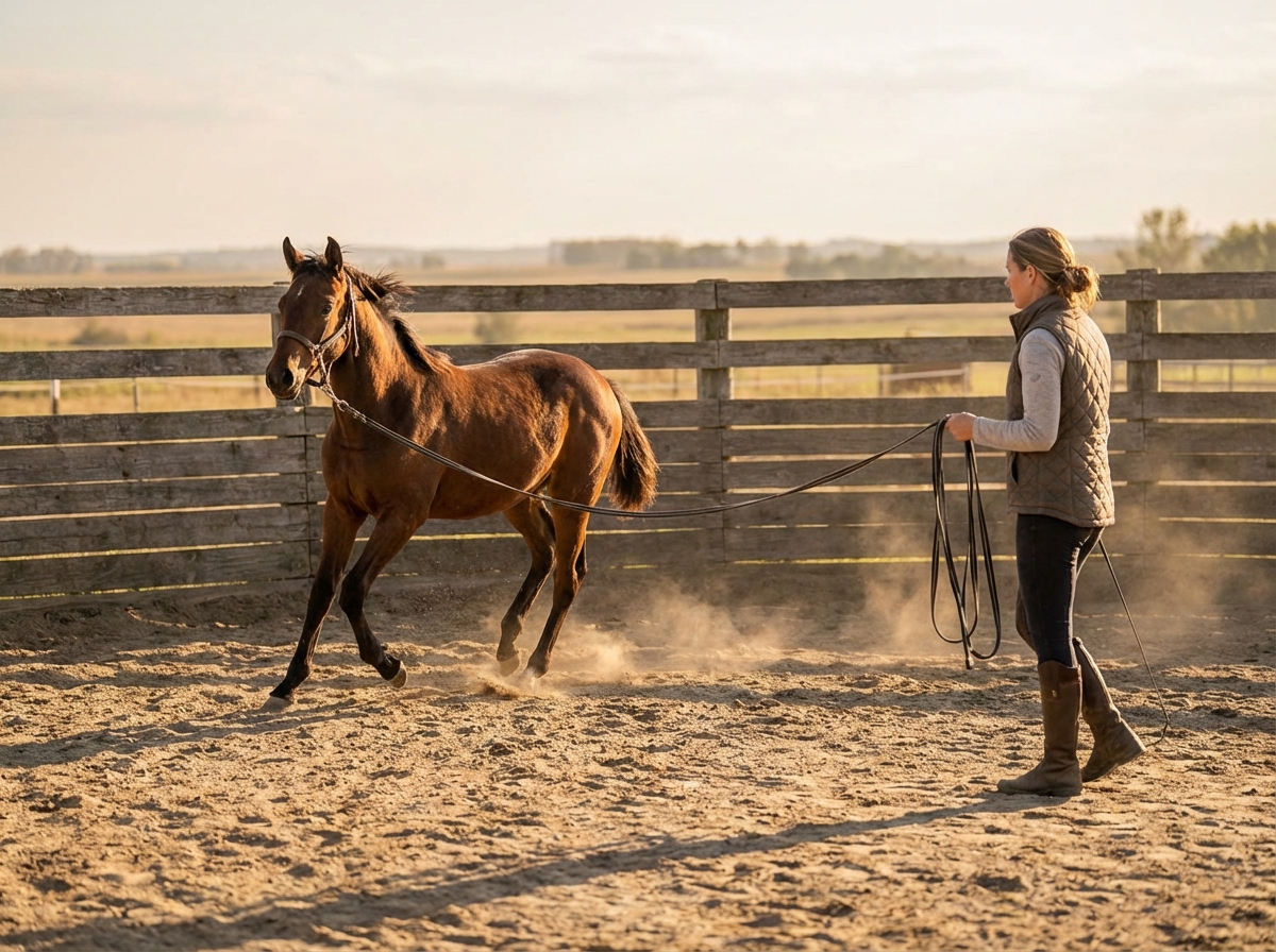 Horse trainer working with a young horse in an arena