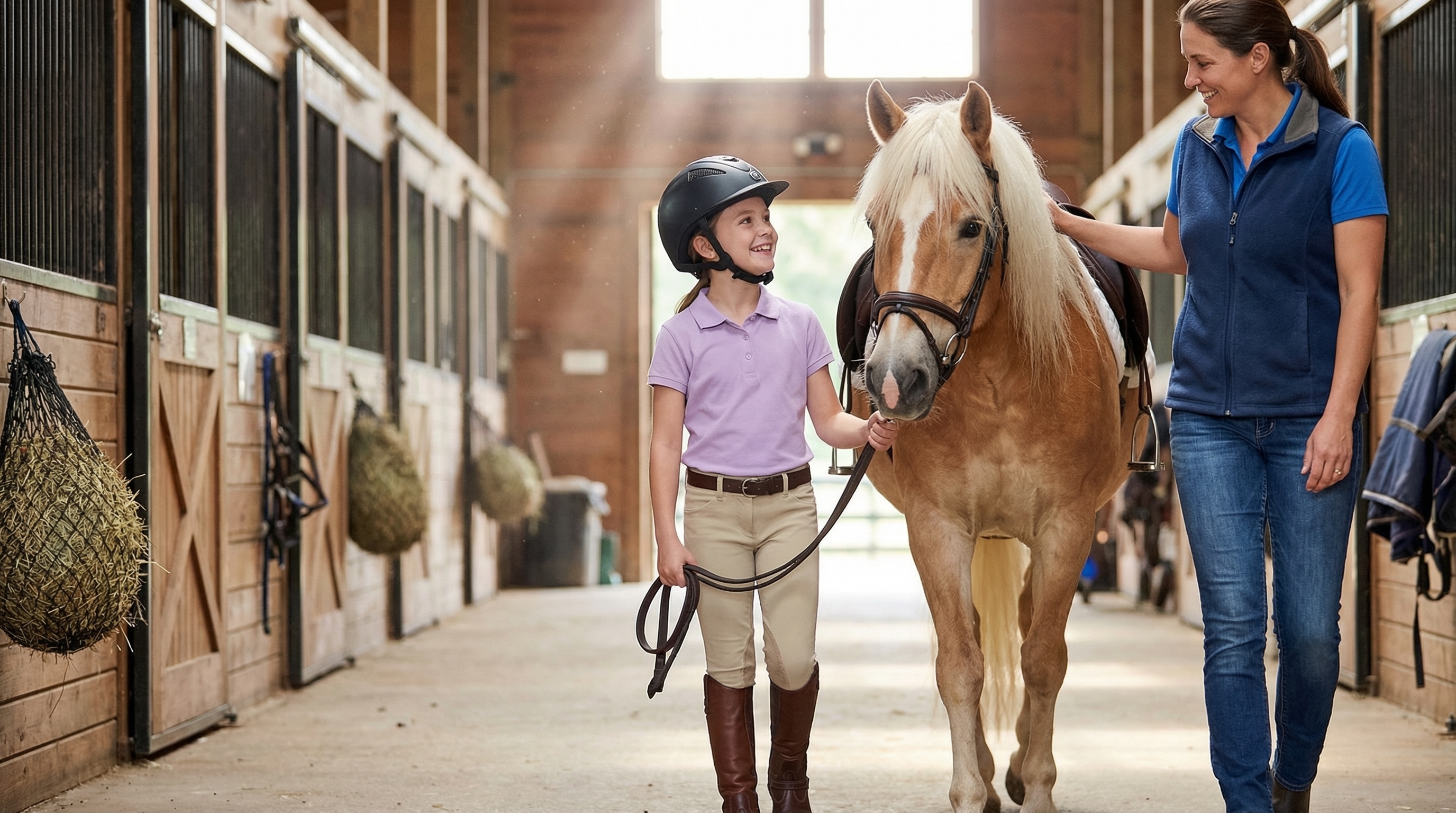 Young rider on horseback with instructor nearby