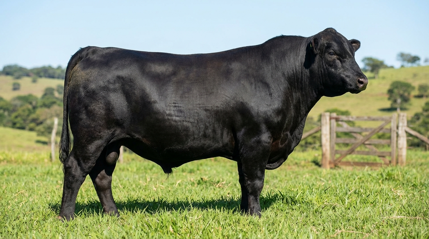 Registered Angus bull standing in a pasture