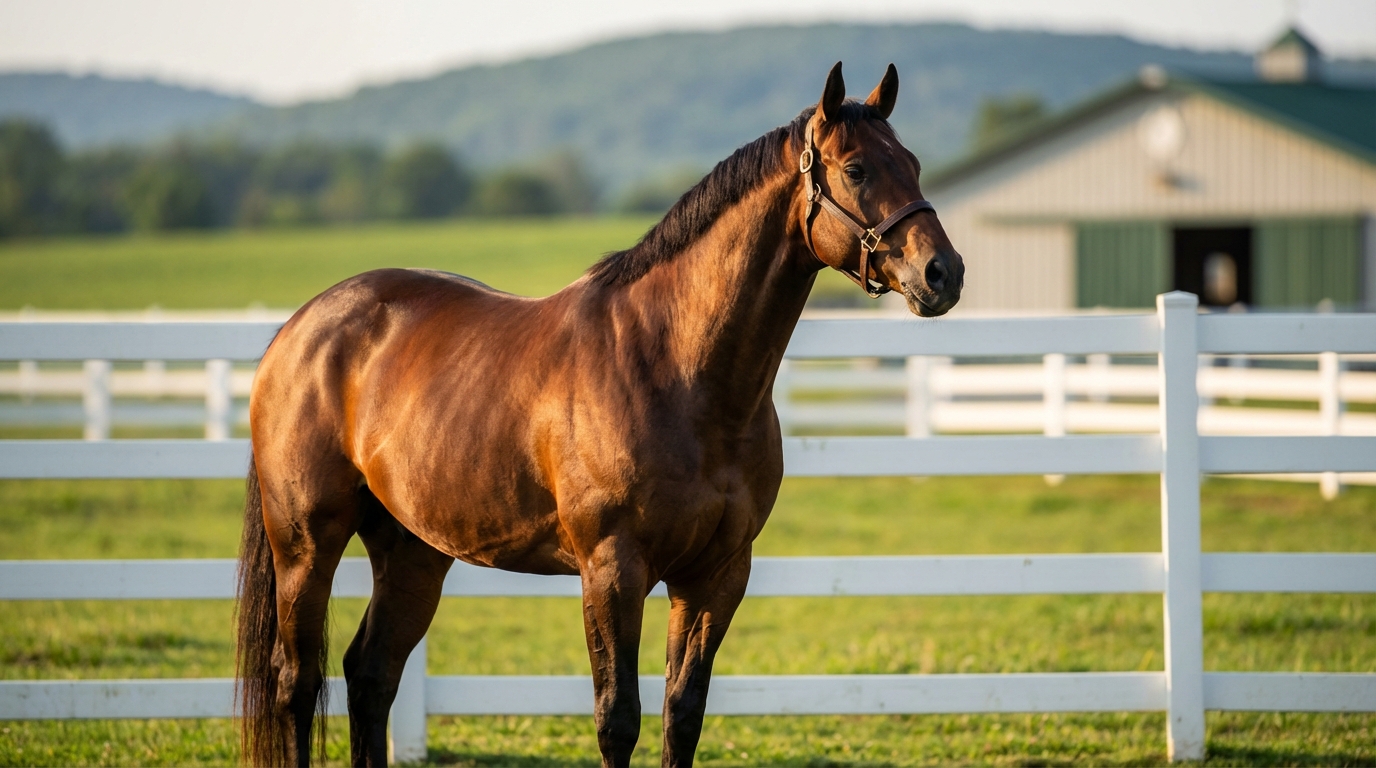 Stallion standing in a well-maintained paddock at a breeding farm