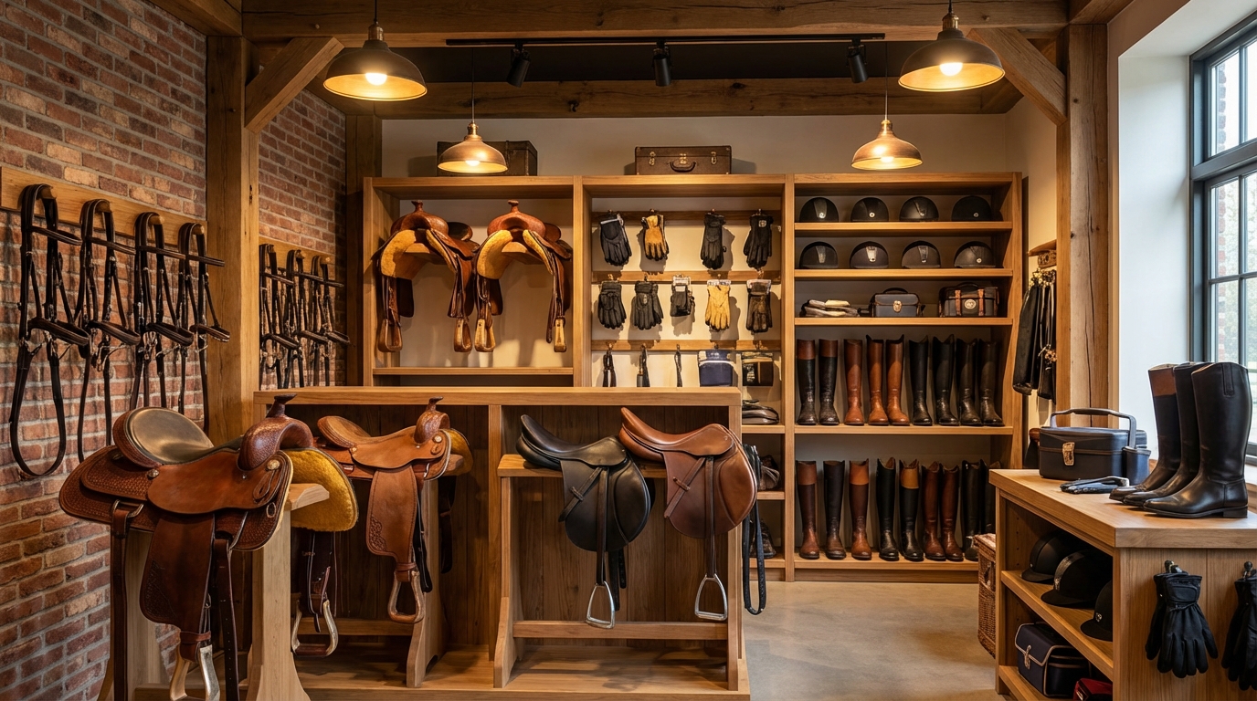 Interior of a tack shop with saddles and equipment