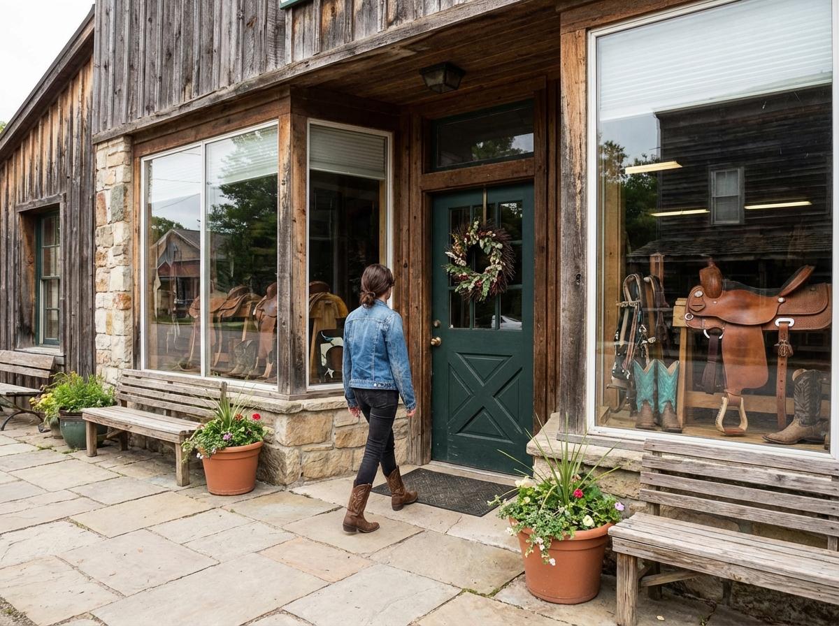 Tack shop storefront with directions on a phone